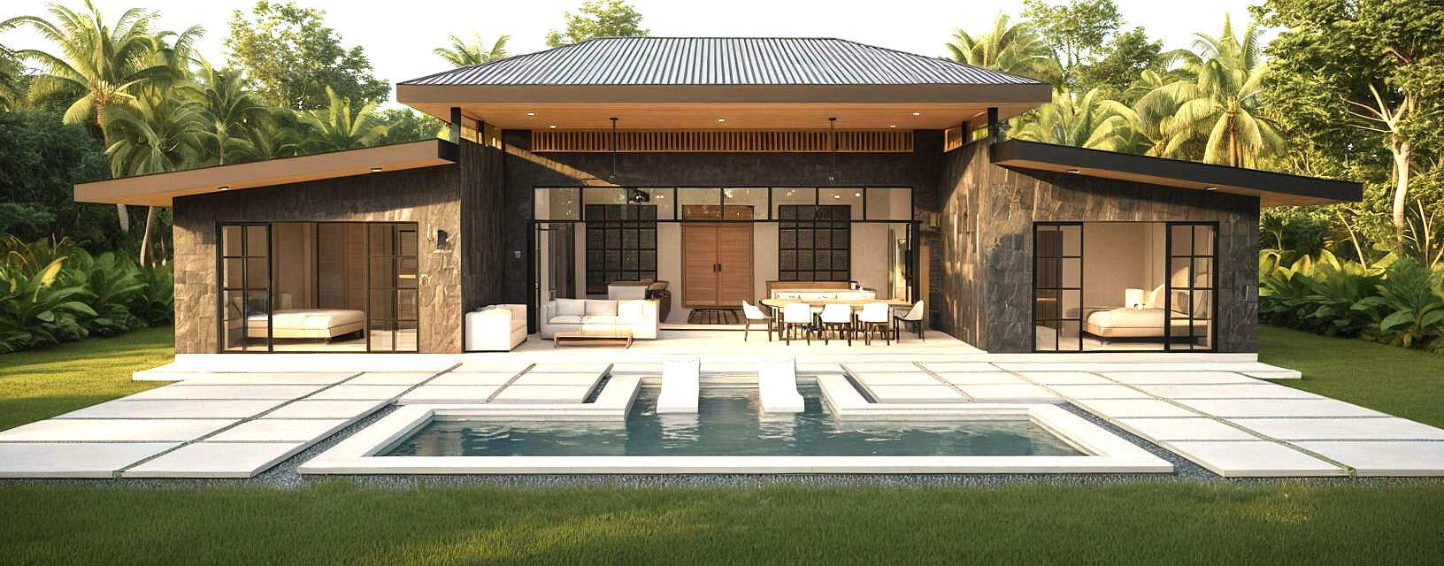 Quiet luxury villa in Cahuita Costa Rica 3D exterior render of Cahuita villa showing back patio, pool with Baja step and loungers, concrete pavers, surrounded by Caribbean jungle, Costa Rica