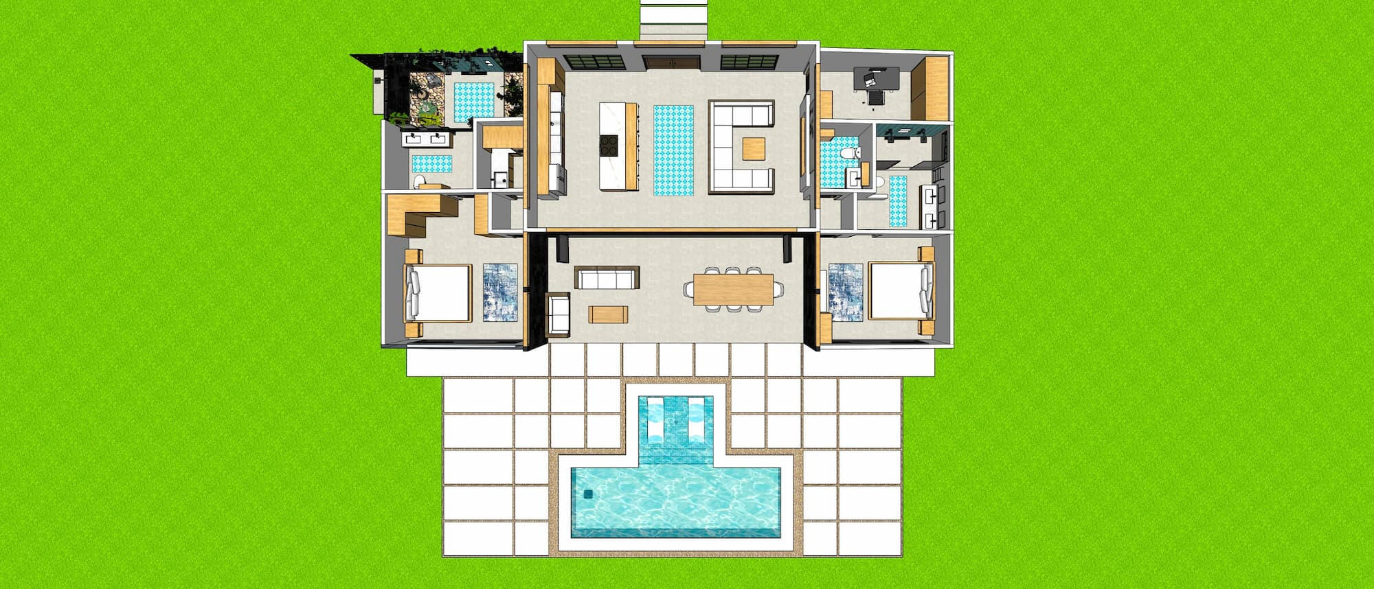 Floor plan of C-shaped Cahuita villa: 2 bedrooms, 2.5 baths, office, laundry, open concept kitchen and living, master bath with outdoor shower garden