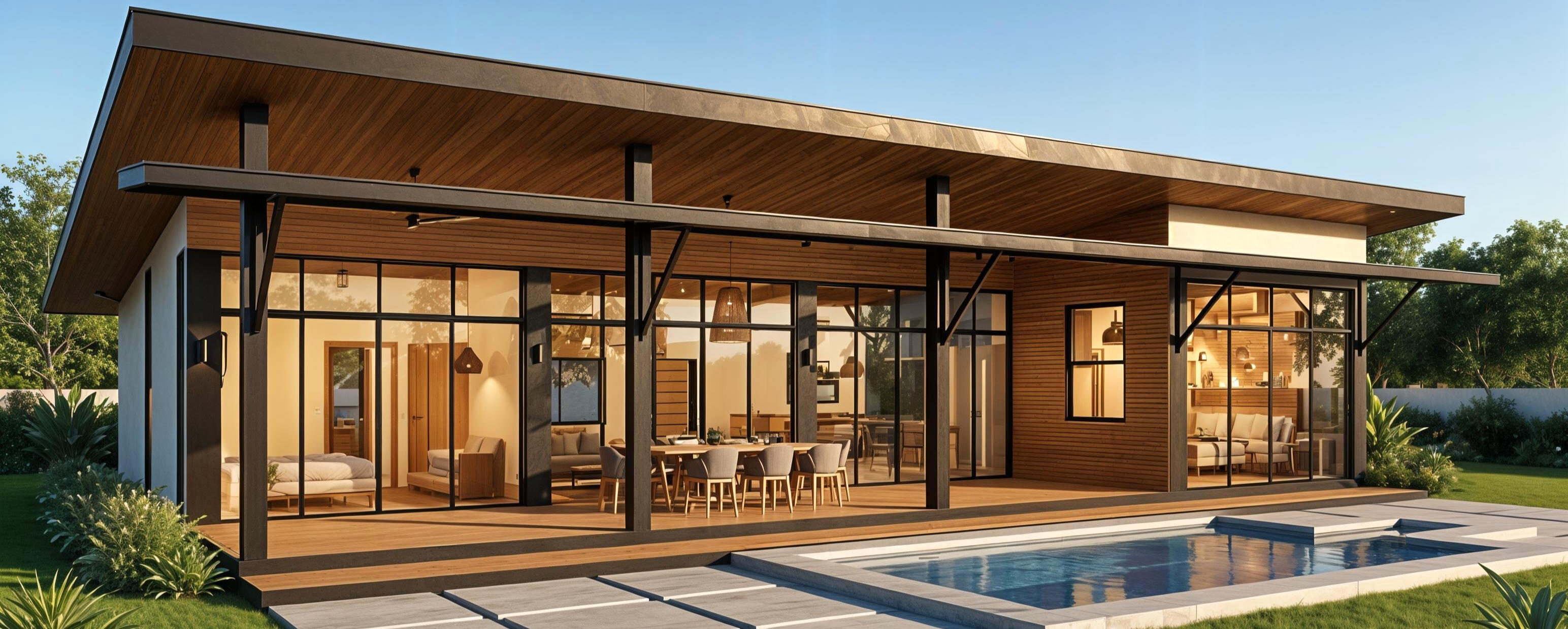3D exterior render of Puerto Viejo villa showing back patio and pool with concrete pavers, surrounded by Caribbean jungle, Costa Rica