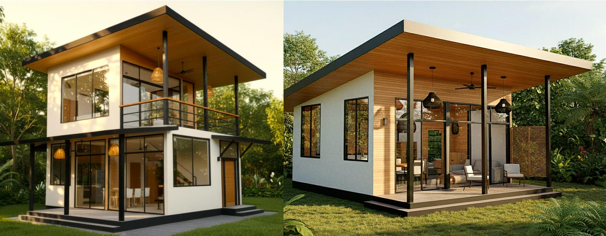 3D render of two-story rental casita with patio and balcony alongside family suite casita with front patio, Puerto Viejo Costa Rica