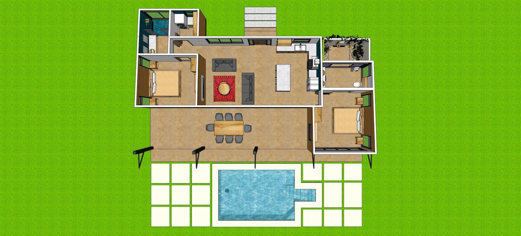 Floor plan of S-shaped Puerto Viejo villa: 2 bedrooms, 2 baths, laundry, open concept kitchen and living, large patio, master bath with outdoor shower garden and sliding glass doors