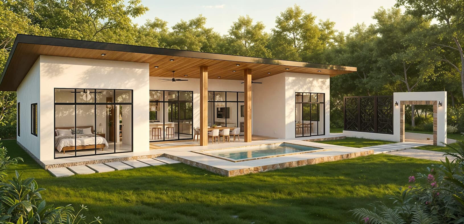 3D exterior render of Punta Uva vacation home front with patio, pool, and side entrance archway with concrete paver walkways, surrounded by Caribbean jungle, Costa Rica