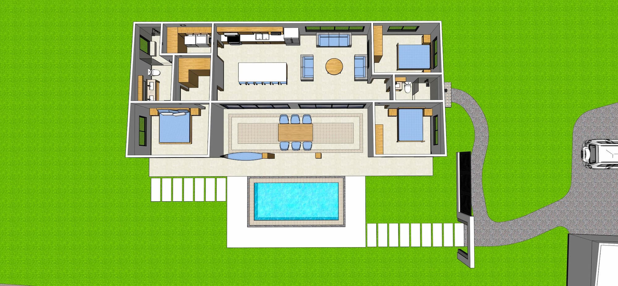 Floor plan of C-shaped Punta Uva vacation home: 3 bedrooms, 2 baths, large walk-in closet, laundry, open concept kitchen and living room