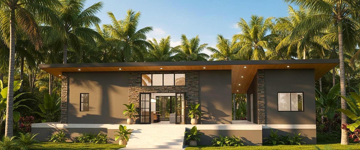 3D exterior render of Puerto Viejo home with volunteer quarters, stone veneer accents, surrounded by Caribbean jungle, Costa Rica