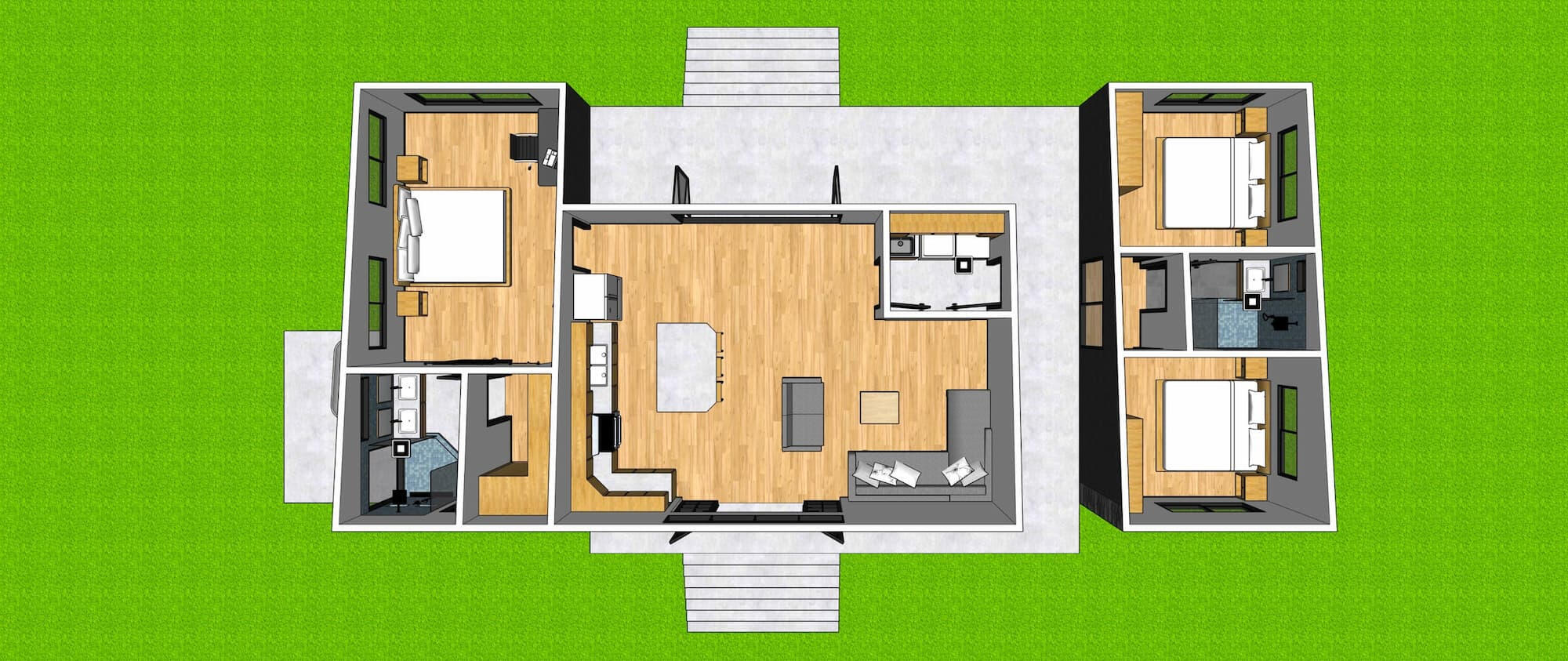 Floor plan of Puerto Viejo home with volunteer quarters: main residence with master bath outdoor bathtub patio, breezeway-connected 2-bedroom volunteer wing with shared bath