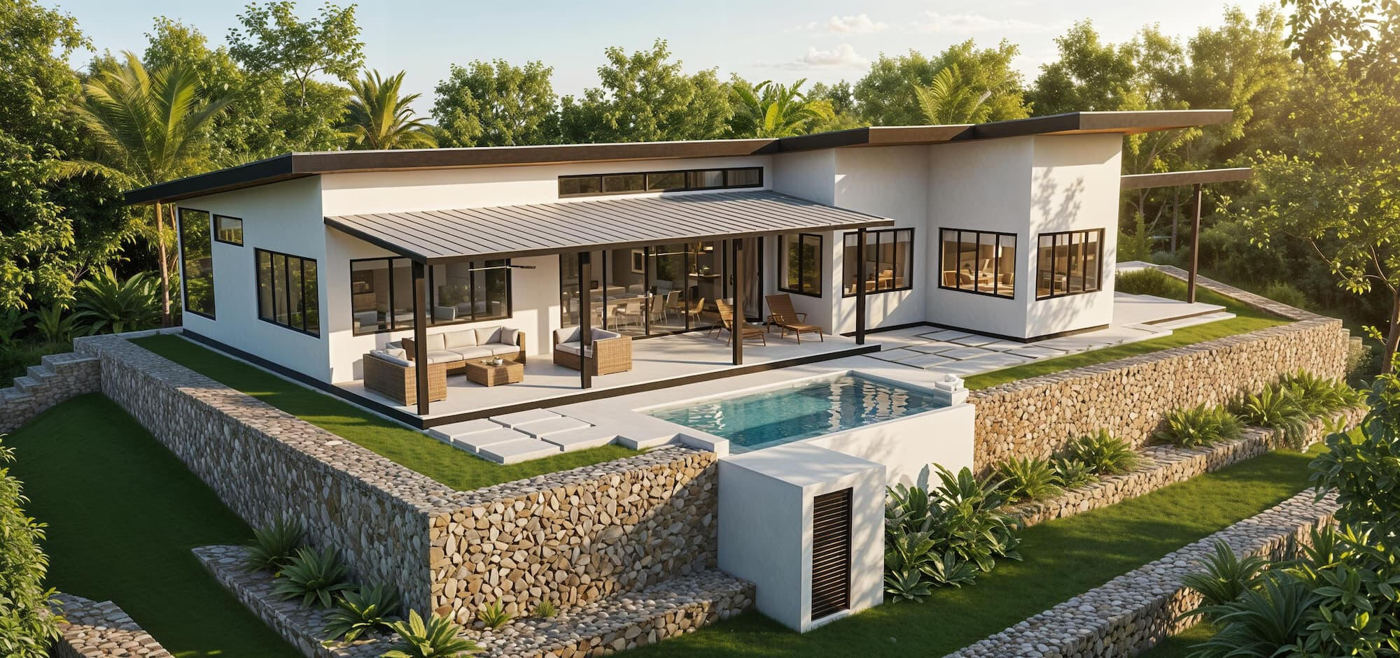 3D exterior render of Playa Chiquita hillside vacation home with infinity pool, patio, retaining walls, and concrete pavers, surrounded by Caribbean jungle, Costa Rica
