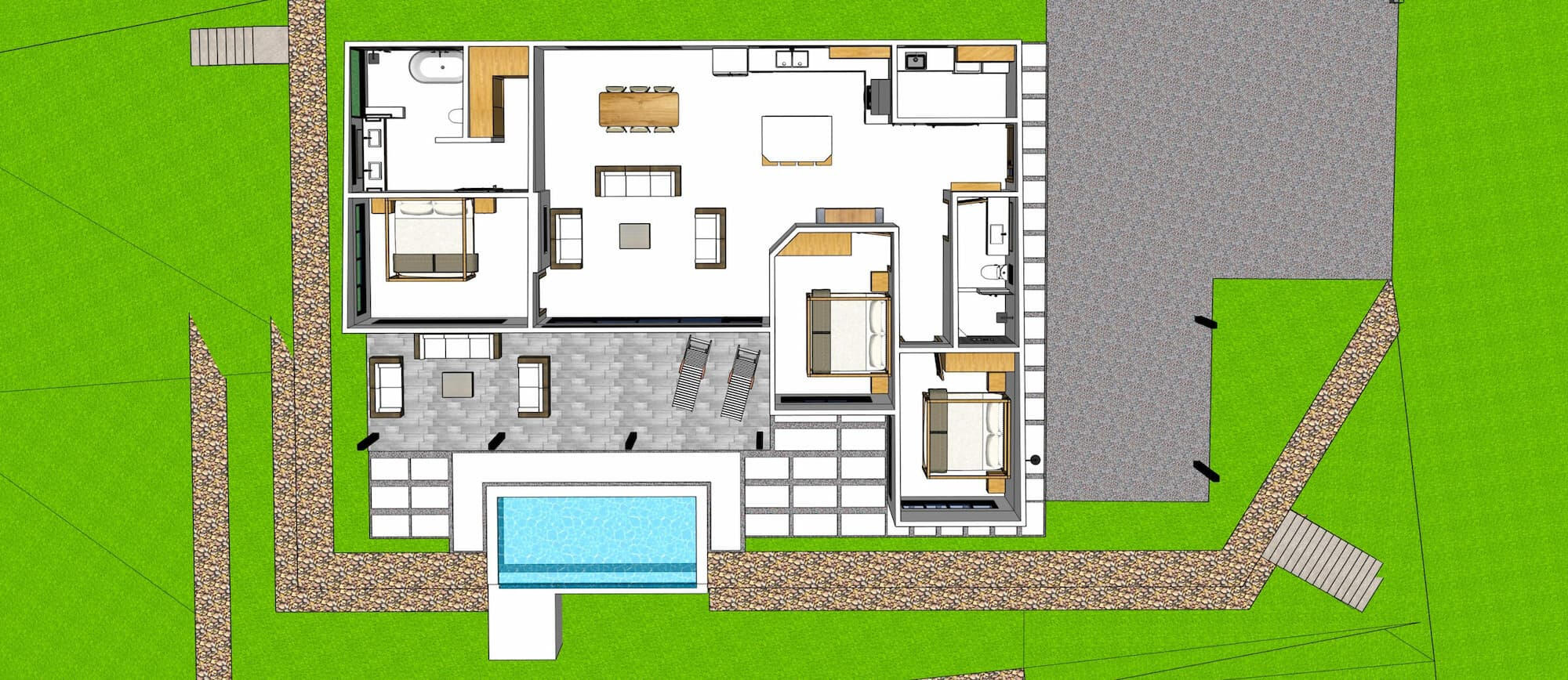 Floor plan of L-shaped Playa Chiquita hillside home: 3 bedrooms with pool views, 2 baths, laundry, master walk-in closet and bath with tub and shower, open concept kitchen with dining and living, large patio, carport with driveway